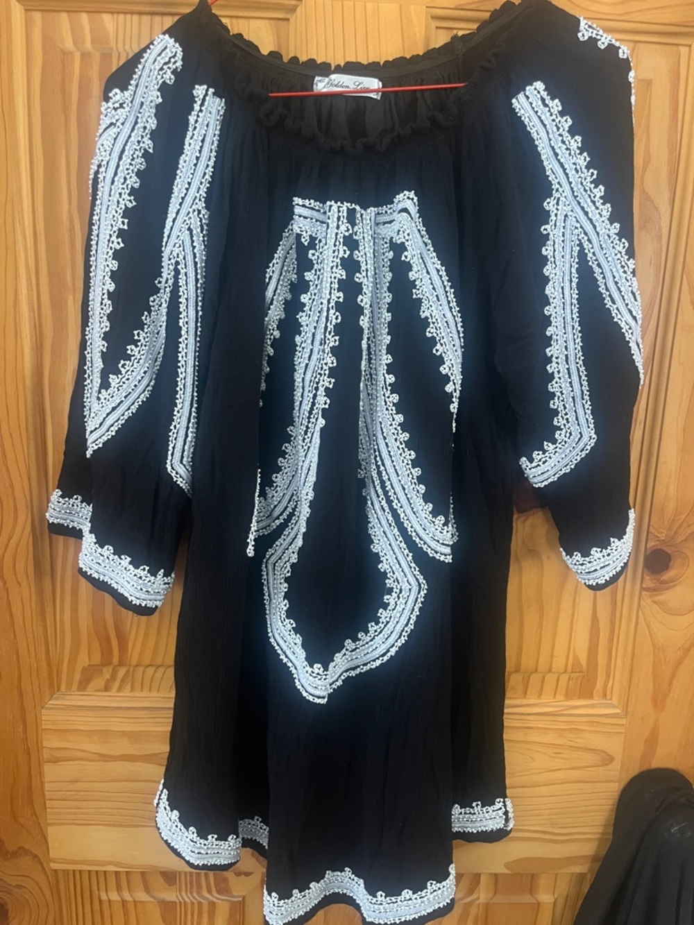Boho Black Tunic with White Beaded Embroidered Trim
